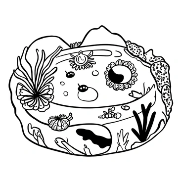 A rocky tide pool at the ocean's edge filled with various small marine creatures. Sea anemones with elongated tentacles are nestled among the rocks. Small crabs scuttle across the uneven surfaces, while starfish cling to the submerged stones. Tiny fish dart between the crevices, creating ripples in the water. Seaweed sways gently with the tide, and barnacles are attached to the rocks, creating a textured pattern. The surface of the water reflects the light, adding a shimmering effect to the scene.