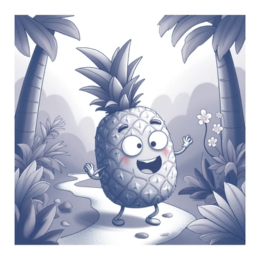 A cartoonish adventure scene with a pineapple character exploring a jungle