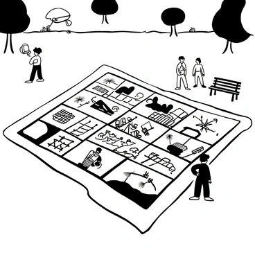 A large quilt spread out on a grassy area in a park, with various squares carefully arranged in a grid pattern. Each square features intricate black-and-white illustrations that symbolize different memories of 9/11, depicting elements such as buildings, flags, and people coming together. The quilt is surrounded by a few trees and benches, with gentle ripples of the grass subtly moving in the breeze. There are some people walking in the background, observing the quilt with thoughtful expressions and engaging in quiet conversations.