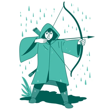 An archer wearing a teal raincoat is standing in the rain, with droplets cascading from their bow. Their determined expression shows intense focus as they aim at a target in the distance. The ground beneath them is muddy, reflecting the falling rain. The archer's posture is steady, and they are holding the bow with one hand while the other hand draws back an arrow, ready to release. Beads of water are visible on the bowstring. The surrounding area is blurred by the rain, creating a sense of concentration on the archer's form and target.