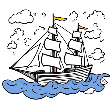 Line art of a sailing ship on a stormy sea with waves and clouds