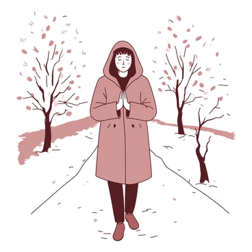 A person is walking on a snowy path, surrounded by softly falling snowflakes. They are wearing a thick, warm coat with a hood pulled up, partially obscuring their face. The person's hands are clasped together in front of them, indicating they are praying quietly. The ground is covered in a fresh layer of white snow, and snow-dusted trees line the path, adding a peaceful atmosphere to the scene. The snowy morning light creates a soft glow, enhancing the tranquil setting.