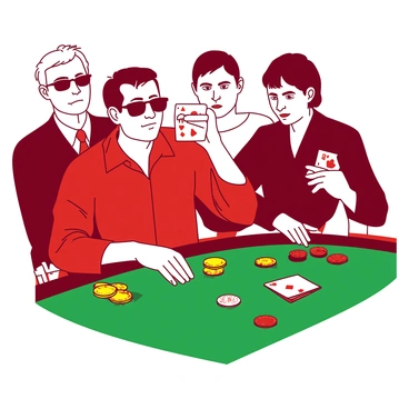A red poker player sits at a green felt poker table, leaning back in his chair with a confident smirk on his face. He is wearing dark sunglasses, which hide his eyes as he slides a few yellow chips into the center of the table. In his hand, he holds a pair of low-value cards, barely peeking out. Surrounding him are other players, their expressions a mix of suspicion and curiosity as they contemplate their next moves. The atmosphere is tense, with colorful stacks of chips and a deck of cards visible on the table, creating an engaging scene of poker strategy and psychological play.