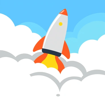 A 3D rocket with a sleek metallic body is depicted piercing through thick, fluffy white clouds. The clouds are billowing and textured, creating a sense of depth and volume around the rocket. The rocket's engine is emitting bright orange and yellow flames, giving off a vivid glow as it ascends into the stratosphere. The sky above is a deep blue, transitioning from light to darker shades, while the horizon is slightly visible in the distance. The scene captures the dynamic motion of the rocket as it pushes upward through the clouds.