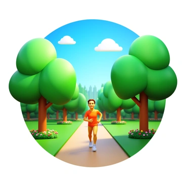 A person jogging on a path in a park surrounded by vibrant green trees. The sky is clear with a few fluffy white clouds. The individual is wearing a bright athletic outfit and has a focused expression. Sunlight filters through the leaves, casting dappled shadows on the ground. The park appears lively with colorful flowers blooming along the path.