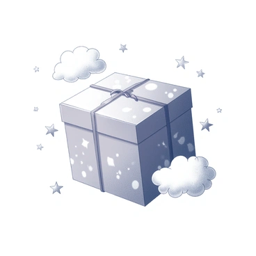 An illustration box floating in mid-air, with whimsical elements like stars and clouds swirling around.