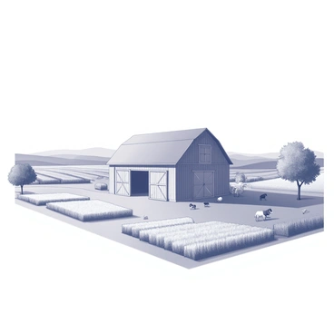 A spacious countryside scene featuring a large barn with a gabled roof, positioned prominently. The barn has symmetrical double doors that are wide open. Surrounding the barn, there are expansive fields with neatly arranged rows of crops stretching into the horizon. Various farm animals are scattered throughout the scene; some are grazing peacefully in the lush green grass, while others are resting under the shade of nearby trees. In the distance, gentle hills create a soft backdrop against the sky. A clear, unobstructed view captures the simplicity of rural life.