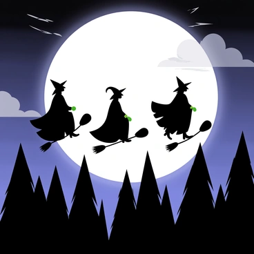 Three witches flying over a forest on broomsticks, silhouetted against the moon