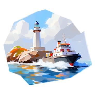 A bunker barge is maneuvering through the water, passing by a classic lighthouse perched on a rocky coastline. The lighthouse is tall and painted in bright white with red accents, its light shining brightly at the top. The rocky coastline is rugged, with sharp cliffs jutting out into the sea, and the waves crashing against the rocks create a frothy white spray. The barge has a dark gray hull, with various equipment and containers visible on its deck. The sky above is clear with a few scattered clouds, and the sunlight reflects off the water, creating a shimmering effect.