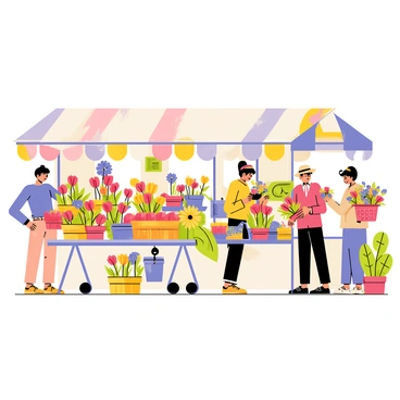 A bustling flower market filled with vibrant, colorful blooms in various shapes and sizes. Stalls are adorned with bright red tulips, yellow sunflowers, and purple violets, creating a lively display. Customers, including a woman with a straw hat holding a bouquet and a man carrying a basket of flowers, are engaged in conversation. A vendor is arranging a fresh selection of flowers on a table, while another stall features potted plants. The atmosphere is lively with people browsing and selecting their favorite flowers.