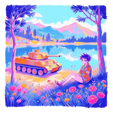A tank girl with short, spiky hair is lounging on a grassy bank beside a tranquil lake. She is dressed in military-inspired attire with patches and insignias. Her relaxed posture contrasts with the imposing presence of a tank parked nearby. The tank is detailed, showcasing its camouflage pattern, and it reflects clearly in the calm water of the lake. Trees and wildflowers frame the scene, adding bursts of color to the landscape. In the distance, mountains rise gently under a clear blue sky.