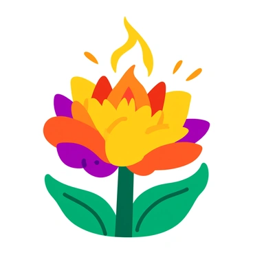 A colorful flower blooming with vibrant petals in shades of red, yellow, and purple. The flower's petals are slightly curled, showcasing intricate details and textures. Sparks and glowing embers are emerging from the center of the flower, illuminating the surrounding area with warm light. The background features soft green leaves that contrast with the bright colors of the flower, creating a lively scene.