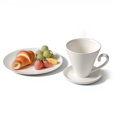 A breakfast table setting featuring a white ceramic coffee cup with a delicate handle, placed on a small saucer. Next to the cup, there is a golden-brown croissant, flaky and freshly baked, partially cut open to reveal its soft interior. Surrounding the croissant are a variety of colorful fruits, including red strawberries, yellow banana slices, and green grapes, arranged artfully on a clean white plate. The table is covered with a light linen tablecloth, and natural light gently illuminates the scene, enhancing the appetizing colors and textures.