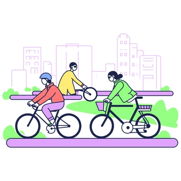 A group of commuters is cycling to work along a dedicated bike lane. In the foreground, there are three cyclists. The first cyclist is wearing a blue helmet and a red jacket, pedaling energetically on a sleek bicycle. The second cyclist, a woman with a ponytail, is wearing sunglasses and a green coat, riding a city bike with a basket in front. The third cyclist, dressed in yellow, is focused on the path ahead. In the background, stretches of the bike lane are visible, lined with small green plants along the sides. A distant view of office buildings can be seen, suggesting a bustling urban environment.