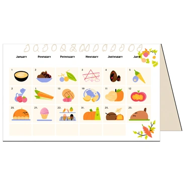 A calendar page with each month featuring an illustration of seasonal foods or dishes