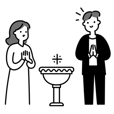 Godparents standing by a baptismal font with their heads bowed in prayer