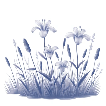 A meadow filled with a variety of wildflowers. The flowers include clusters of tiger lilies with their distinct petals. The flowers are swaying gently in the breeze, creating a dynamic and lively scene. Tall grass surrounds the wildflowers, adding to the natural landscape. A clear blue sky is overhead, enhancing the bright, open feeling of the meadow.