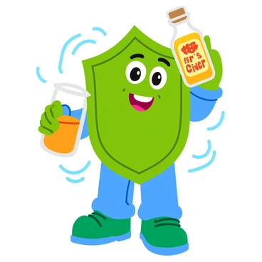 A cheerful immune system character with a friendly smile and bright eyes, designed as a cartoonish figure. The character has a stylized body resembling a shield, adorned with vibrant colors like green and blue. In its hands, it holds a bottle of fire cider, a glass container filled with a golden liquid, with a cork at the top. The bottle features a label with playful font stating "Fire Cider" in bold letters. The character stands confidently, showcasing a sense of vitality and strength, surrounded by animated, swirling lines that suggest energy and health.