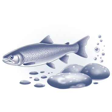 A brook trout swimming gracefully in a fast-flowing stream. The fish's body is streamlined, with detailed scales reflecting the light. Surrounding the trout are numerous bubbles rising from the water's surface. The stream flows rapidly over rocks and pebbles, creating a sense of movement and energy. The water appears clear, with reflections and ripples enhancing the dynamic scene.