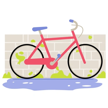 A bicycle leaning against a wall with raindrops collected on its frame