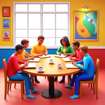 A group of illustration students sitting at a round table in a vibrant café. Each student is engaged in sketching on individual sketchbooks. They are surrounded by colorful art pieces hanging on the walls. The café tables are made of wood with a polished finish. There are steaming cups of coffee on the table, with some students occasionally taking a sip. Light streams in through large windows, casting soft shadows on the floor. The atmosphere is lively, with the students sharing ideas and laughing together.