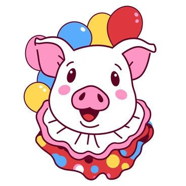 A white pig face with large, expressive eyes is wearing a vibrant clown costume adorned with polka dots in various colors. The clown costume features oversized sleeves and a ruffled collar, adding a playful touch. The pig has a big red nose that stands out prominently, and a cheerful smile reveals small teeth. The background includes colorful balloons in different shapes floating around the pig's head, enhancing the festive atmosphere.