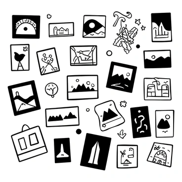 A wall covered with a variety of photographs and postcards from different locations around the world. The photographs depict iconic landmarks, landscapes, and cultural scenes, each framed in a simple black border. The postcards feature vibrant images of famous cities, natural wonders, and local art, all neatly arranged in an organized manner. There are some travel stickers stuck among the photographs, adding to the theme of exploration. The overall composition creates a sense of adventure and discovery through visual storytelling.