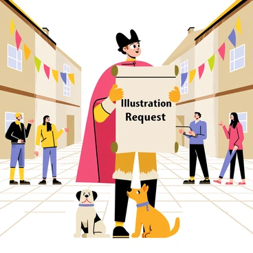 A medieval town crier stands proudly in the center of a cobblestone square. He is wearing a traditional tricorn hat and a long, vibrant red cloak. In his hands, he holds a large, scroll-like parchment that displays the words "Illustration Request" in bold, decorative letters. The background features quaint stone buildings with wooden beams and colorful banners fluttering in the breeze. A few curious townspeople gather around, some looking up at the town crier with interest while others chat among themselves. A friendly dog sits at the crier's feet, adding to the lively atmosphere of the scene.