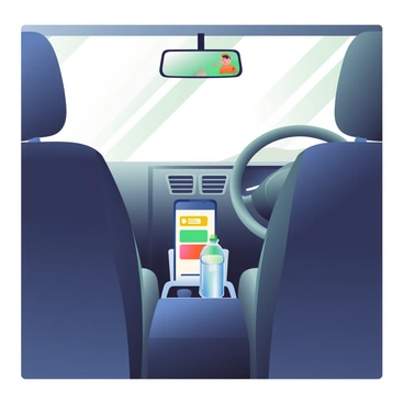 A modern rideshare car interior is visible, featuring black leather seats and a sleek dashboard. In the center console, a phone holder is positioned, holding a smartphone displaying a rideshare app. Two clear water bottles are placed in the cup holders, one partially filled with water and the other unopened. Sunlight is streaming through the tinted windows, casting soft shadows across the interior. The rearview mirror reflects the front seats, enhancing the spacious feel of the car.