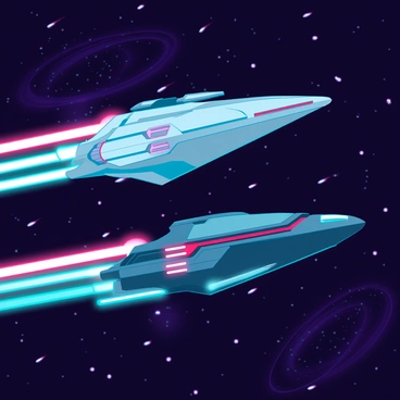 Two futuristic spaceships, one sleek and silver with blue glowing accents, and the other angular and dark with red highlights, are engaged in a fierce laser battle among the stars. Vivid beams of neon green and bright orange lasers are being fired from both ships, illuminating the surrounding space with bursts of color. The backdrop features a field of distant stars and swirling galaxies, providing a dramatic cosmic setting. Each spaceship emits trails of light as they maneuver, showcasing intricate designs and advanced technology. The scene captures the intensity of the battle and the vastness of space.