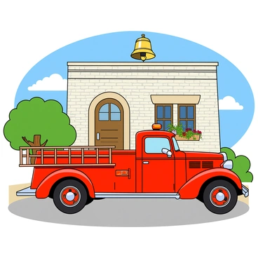 A bright red vintage fire engine is parked directly in front of a weathered old fire station. The fire engine has large, shiny chrome wheels and a classic design with a ladder extending from its side. The fire station features faded white bricks and a tall, arched door, with a few windows adorned with window boxes full of colorful flowers. The scene is framed by a clear blue sky with fluffy white clouds, and a small green tree stands to the side, providing a touch of nature to the urban setting. A shiny brass bell sits atop the fire station, gleaming in the sunlight.
