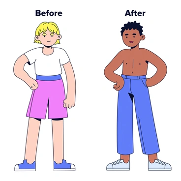 A side-by-side illustration featuring two figures. On the left, a figure illustrating the "before" results of jelqing, showing a neutral expression and a standard body type. On the right, a figure depicting the "after" results, displaying a slightly more muscular physique with a confident stance. Both figures are depicted in a simple, minimalistic style with clear outlines and flat colors.