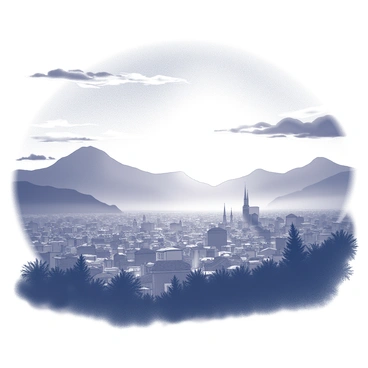 A scenic view of Grenoble at sunset. The city is nestled in a valley surrounded by mountains. The sky is filled with various gradients as the sun descends, with rich variations of light and shadow across the clouds. The outline of the city features distinct rooftops and buildings, while the mountains in the background create a dramatic silhouette. The scene captures the tranquil ending of the day, with the light casting gentle reflections on the landscape.