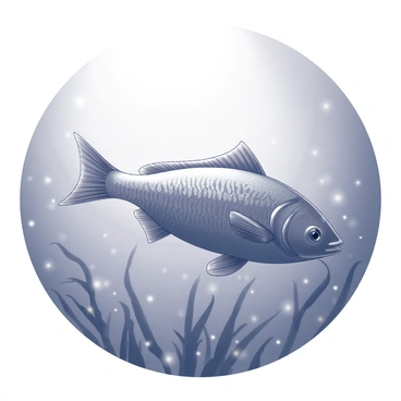 A fish with shimmering scales is basking in a sunbeam. The fish is gracefully positioned in the water, with its fins extended. The sunlight filters down from the surface, creating a clear shaft of light that illuminates the surrounding water. The ocean depths are filled with gentle ripples, and there are faint silhouettes of aquatic plants swaying with the current nearby. The scene conveys a sense of tranquility and harmony beneath the sea.