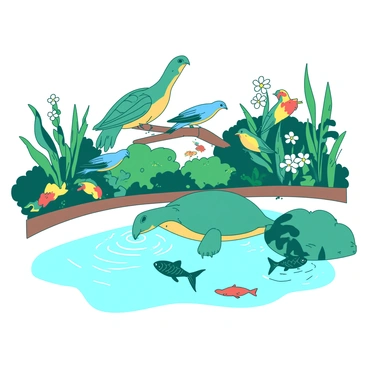 A teal turtle is peeking out from the edge of a white fish pond, its head held high as it observes the surroundings. Nearby, a small group of colorful birds with vibrant feathers, including blue and yellow species, are perched on a low branch overhanging the pond. Some birds are dipping their beaks into the water, creating ripples on the surface. In the background, lush green plants frame the scene, with bright flowers adding pops of color around the pond. A few fish can be seen swimming gracefully beneath the water's surface, completing the lively gathering of animals.