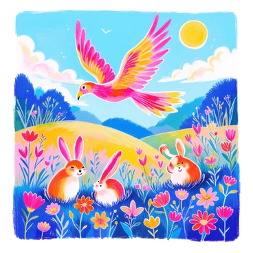 A phoenix with vibrant red and gold feathers is soaring gracefully through the sky. Below it, a colorful children's storybook scene unfolds, featuring a lush green meadow. In the foreground, a group of smiling animals, including a happy rabbit, a cheerful fox, and a playful squirrel, are gathered together. They are surrounded by bright flowers of various colors. The sun is shining brightly, adding warmth to the idyllic setting. A few fluffy white clouds float overhead, completing the cheerful atmosphere.