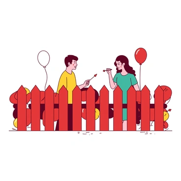 A red fence made entirely of balloons is positioned between two people. On one side of the fence stands a person with short hair wearing a yellow shirt, holding a sharp pin in their right hand. On the opposite side, another person with long hair in a teal dress is also gripping a pin. The two individuals are looking at each other with focused expressions, ready to pop the balloons that form the barrier between them. The colorful balloons are slightly swaying, adding a sense of tension to the scene.