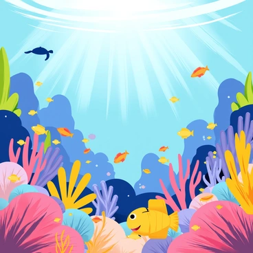 An underwater scene featuring a vibrant array of coral reefs in various shapes and colors. Schools of colorful fish, including bright yellow, blue, and orange species, swim gracefully among the corals. Sunlight filters down from the surface, illuminating the water and creating a shimmering effect. A few sea turtles glide in the background, adding to the liveliness of the scene.