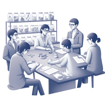 A group of students is gathered around a large table in a laboratory. Some students are focused on examining various preserved specimens in glass jars, while others are sketching the specimens on sheets of paper. The lab is equipped with shelves filled with more jars and scientific tools. Each student is engaged in their task, with some wearing lab coats and safety goggles. There are various anatomical specimens visible, including marine life and small mammals, displayed under adequate lighting. The atmosphere conveys a sense of curiosity and learning.