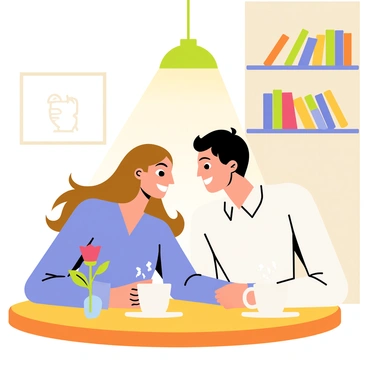 A cozy café corner with a small round wooden table topped with two steaming cups of coffee. A couple sits close together, sharing a warm smile as they gaze into each other's eyes. The woman has long brown hair and is wearing a light blue sweater, while the man has short dark hair and is dressed in a white shirt. A soft, glowing lamp illuminates their faces, creating a warm atmosphere. A small vase with a single red rose sits on the table, adding a touch of romance to the scene. In the background, shelves filled with books and a chalkboard menu enhance the café's inviting ambiance.