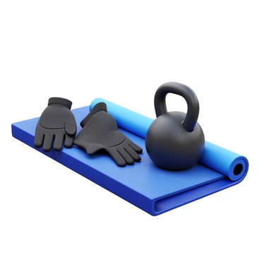 A set of kettlebell accessories arranged neatly on a flat surface. The accessories include a pair of durable workout gloves designed for grip, a sturdy exercise mat with a textured surface for stability, and a single kettlebell with a matte finish. The kettlebell is prominently displayed, highlighting its handle and shape. The gloves are positioned to showcase their padding and finger openings, while the mat is rolled out to reveal its full length and surface pattern.