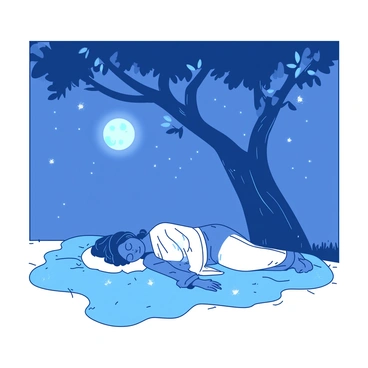 Maveli is lying down peacefully on a soft patch of grass beneath a large tree with a thick trunk and sprawling branches. The moonlight filters through the leaves, casting gentle shadows on the ground. Maveli is dressed in traditional attire, and there are small glowing fireflies surrounding him, adding a touch of magic to the scene. The sky above is clear, with a few twinkling stars dotting the night. The atmosphere conveys a sense of calm and tranquility as Maveli rests.