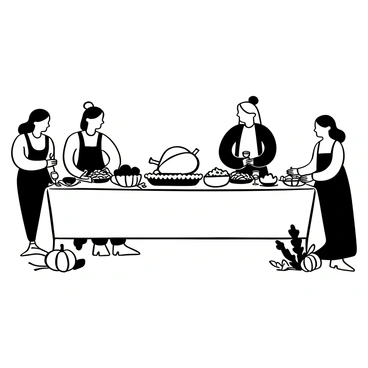 A long dining table set for Thanksgiving, covered with a white tablecloth. The table is laden with various dishes, including a large roasted turkey at the center, platters of mashed potatoes, stuffing, and cranberry sauce. There are bowls of green beans and sweet potatoes, with pumpkin pie and apple pie placed at either end. Surrounding the table are three joyful sisters, each wearing elegant dresses with intricate patterns. They are arranging the tableware, setting down glasses, and sharing laughter as they prepare for the celebration. Autumn leaves and small pumpkins decorate the table's edge, enhancing the festive atmosphere.