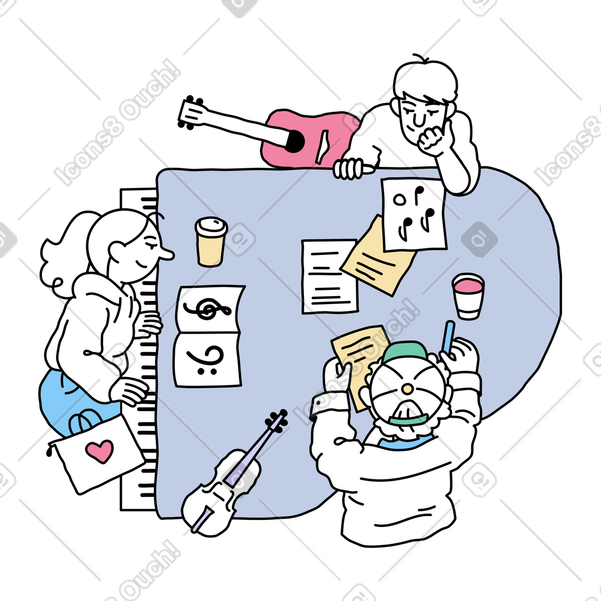 Group of people create music illustration in Notes style download in PNG, SVG