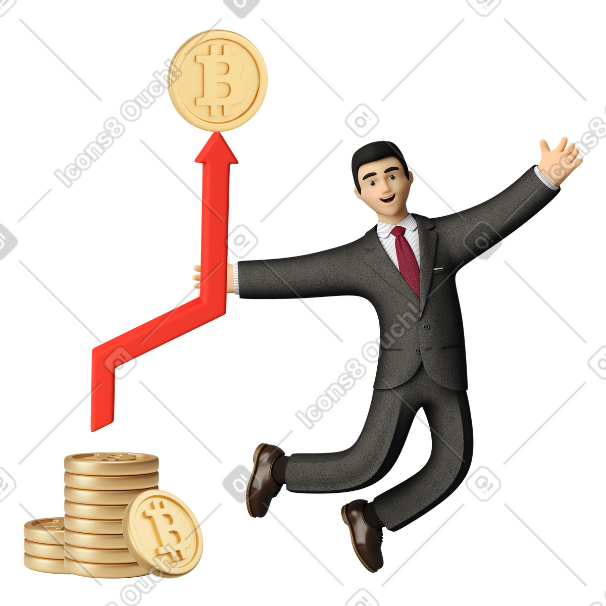 Ilustração de Empresário pulando ao lado da pilha moedas criptográficas e seta crescimento em no estilo 3D Business para baixar em PNG, SVG
