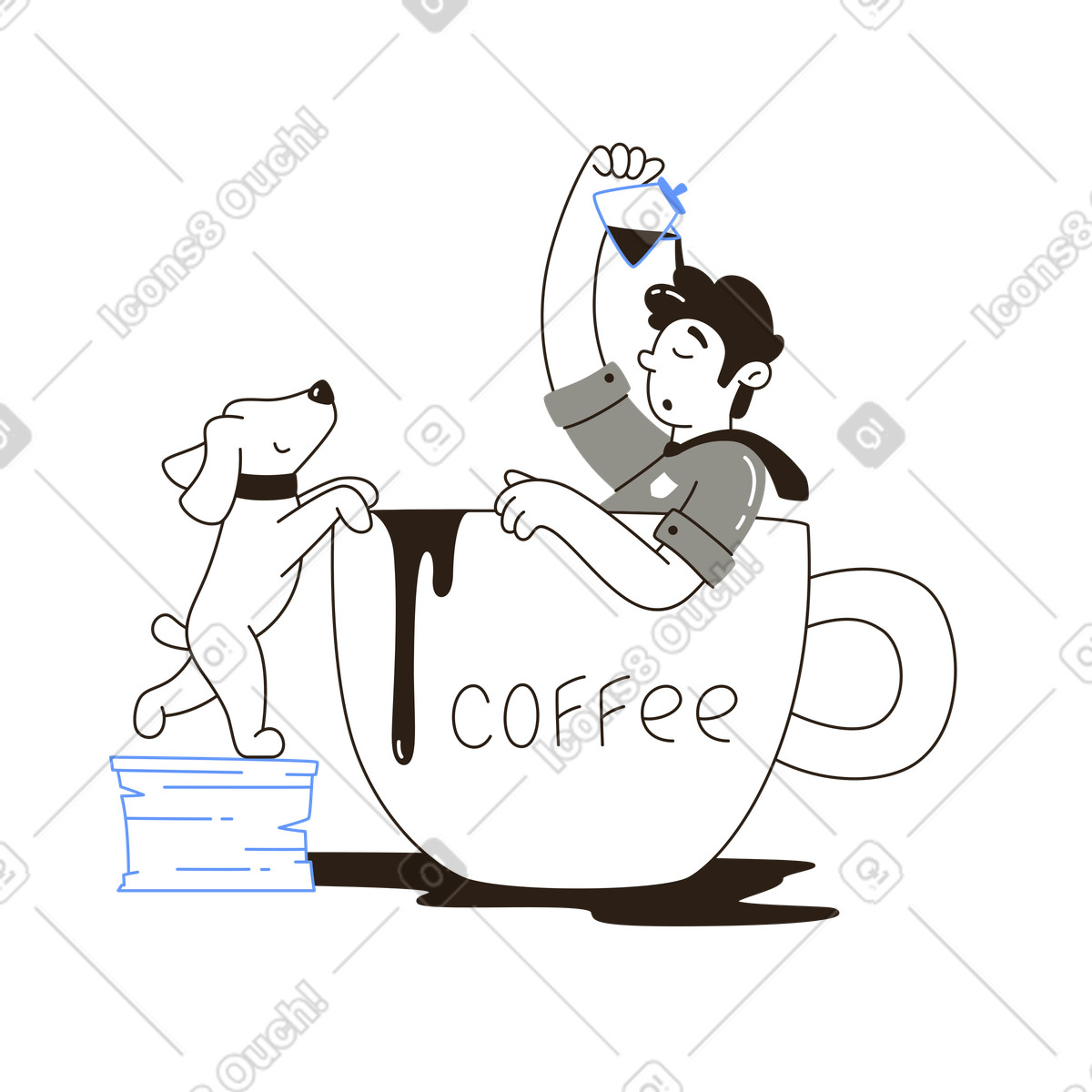 Persona in una tazza da caffè gigante, routine mattutina e dipendenza dalla caffeina illustrazione stile Plain scarica PNG, SVG
