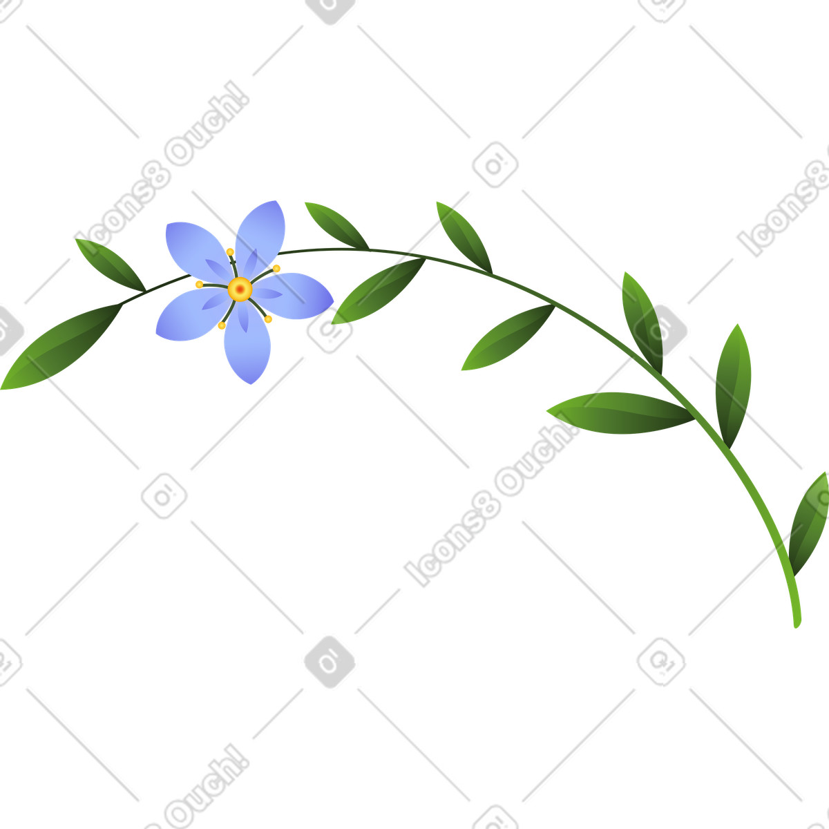 Experimental スタイルの 葉の付いた長い小枝に小さな青い花が1つ咲いている のイラストをPNG、SVG形式でダウンロード