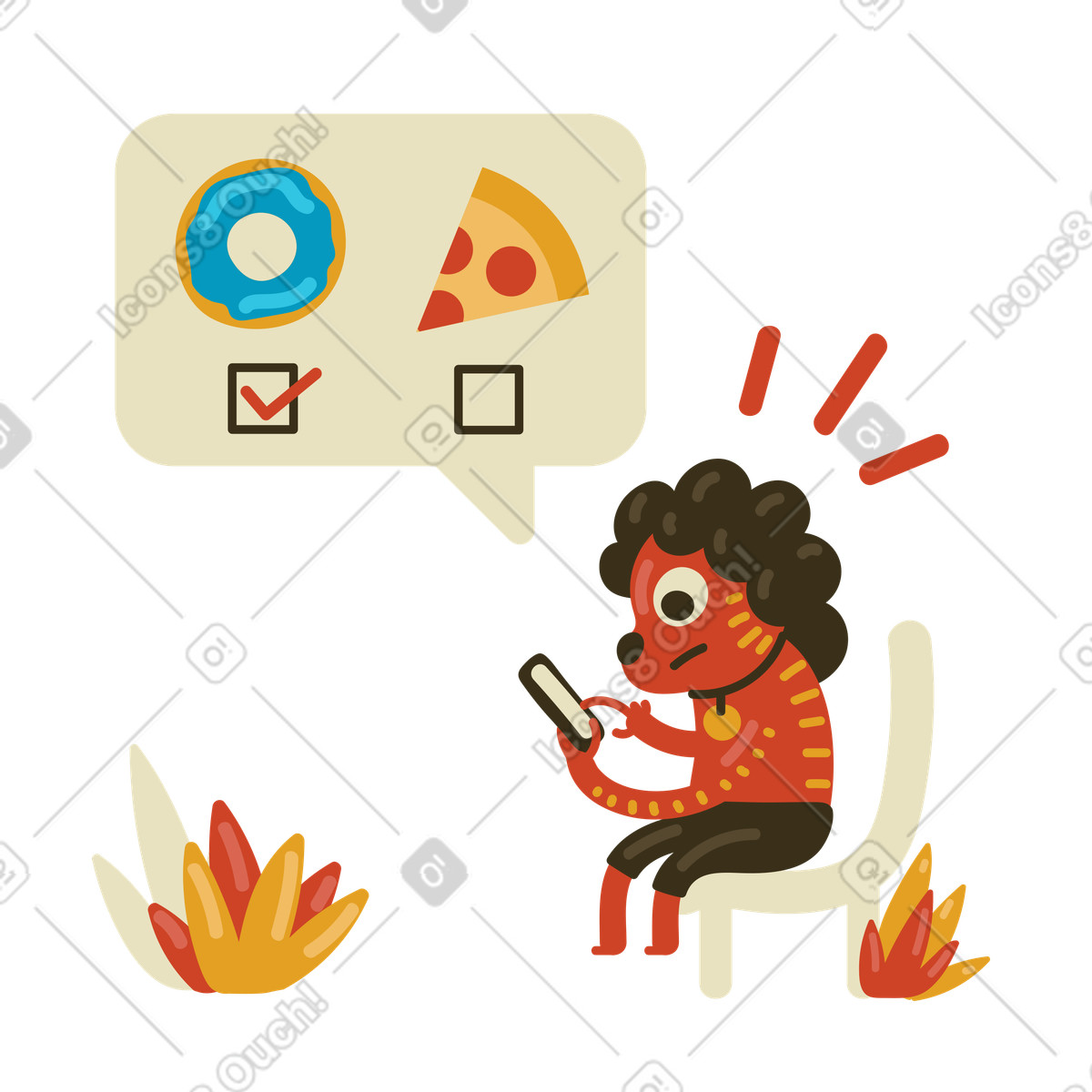 Illustration Personnage avec smartphone commandant de la nourriture en ligne dans le style Arabica à télécharger aux formats PNG, SVG