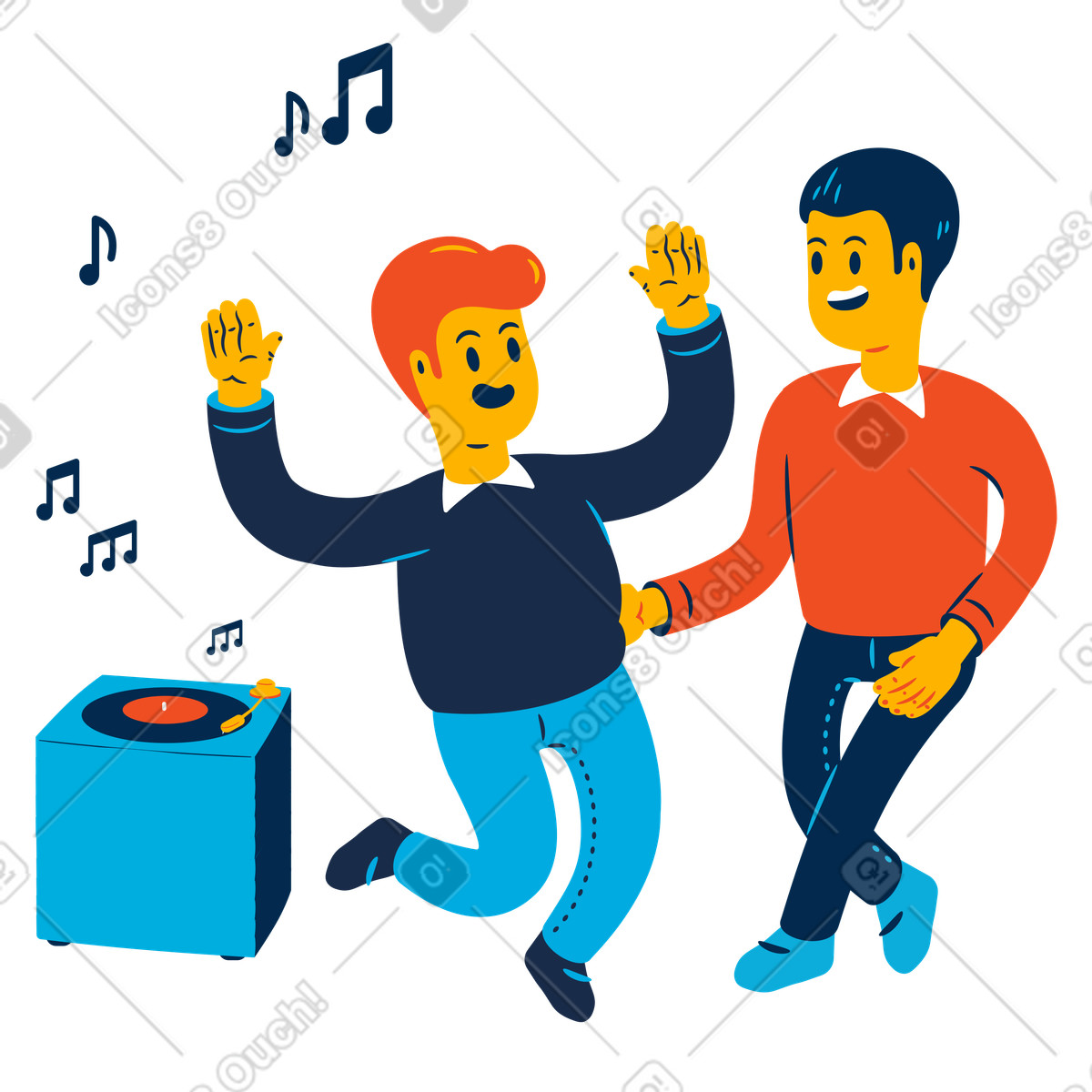 Gay couple enjoying a dance illustration record player clipart for music-themed graphics
