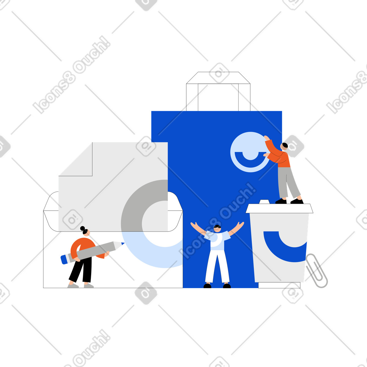 Kleine leute kreieren individuelles markendesign-Illustration im Tiny-Stil als Download in PNG, SVG